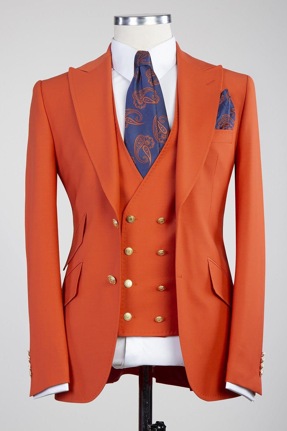 Bradford Trendy Orange Peak Lapel Three-Piece Men’s Suits