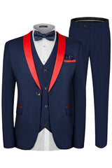 Bradley Elegant Navy Blue Three-Piece Suit with Red Shawl Lapel