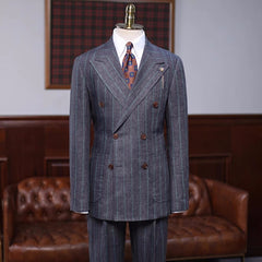 Bradley Generous Dark Gray Striped Double Breasted Peaked Lapel Business Suit