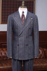 Bradley Generous Dark Gray Striped Double Breasted Peaked Lapel Business Suit