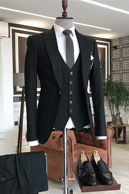 Brady Formal Black Three-Piece Peaked Lapel Business Suit