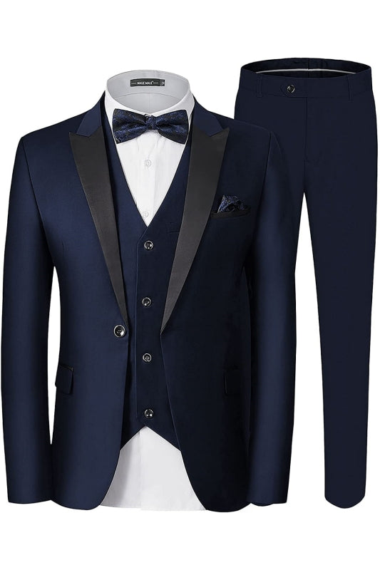 Brady Formal Navy Blue Three-Piece Peak Lapel Business Suit for Men