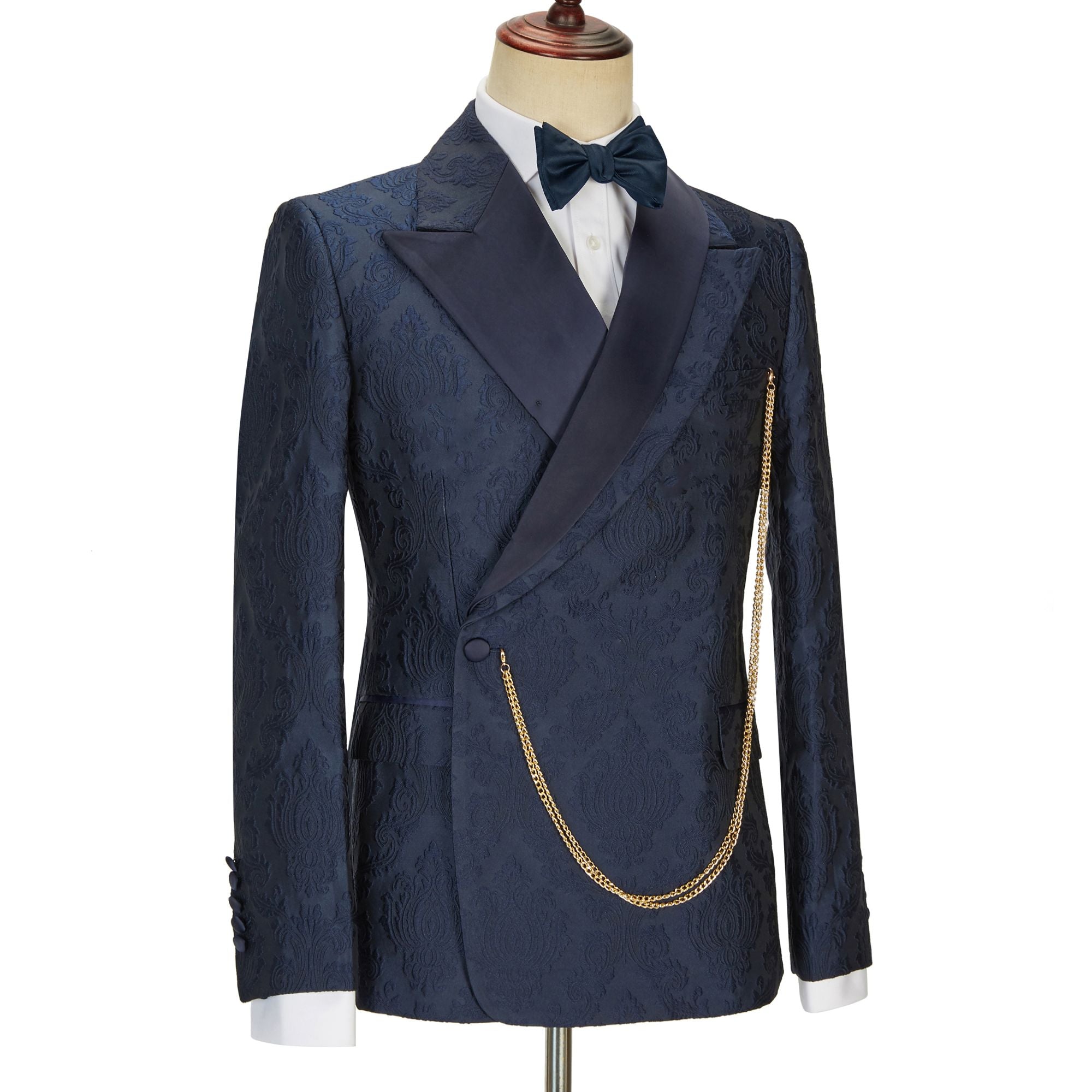 Brandon Latest Navy Blue Slim Fit Jacquard Peaked Lapel Wedding Men’s Attire