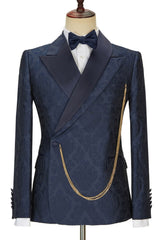 Brandon Latest Navy Blue Slim Fit Jacquard Peaked Lapel Wedding Men’s Attire