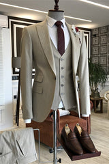 Brandon Light Khaki Striped Slim Fit Peaked Lapel Three-Piece Business Suit