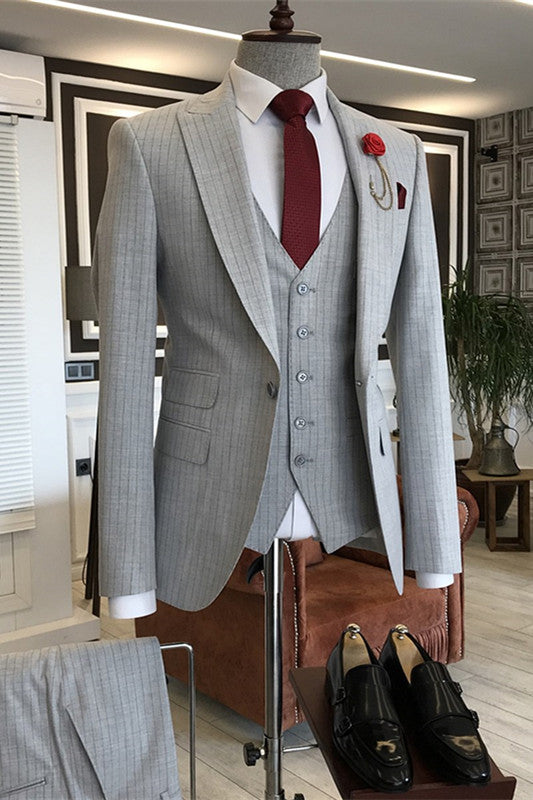 Brayden Gray Striped Close-Fit Peaked Lapel Three-Piece Business Suit