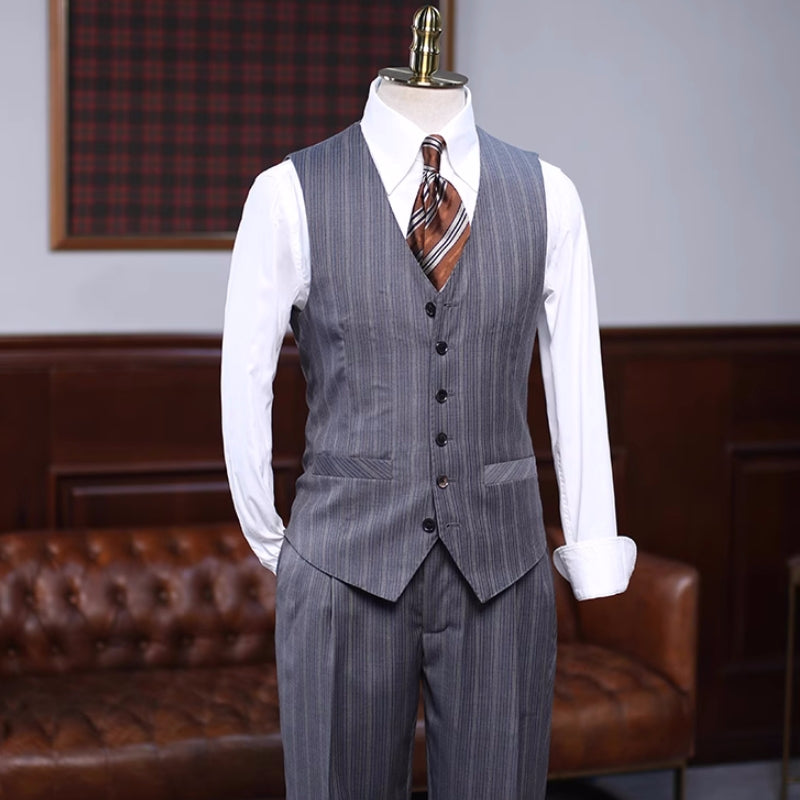 Brian Gray Striped Three-Piece Notched Lapel Formal Business Suit