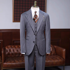 Brian Gray Striped Three-Piece Notched Lapel Formal Business Suit