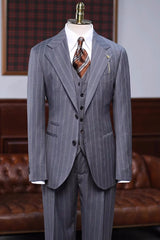 Brian Gray Striped Three-Piece Notched Lapel Formal Business Suit