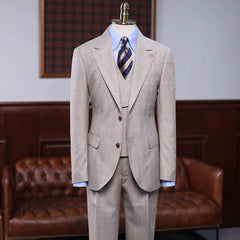 Broderick Exclusive Khaki Checkered Peaked Lapel Three-Piece Prom Outfit