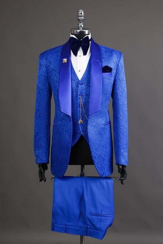 Bruno Royal Blue Jacquard Shawl Collar Three-Piece Tailored Wedding Suit