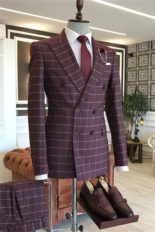 Bruno Stylish Wine Plaid Peaked Lapel Men's Business Suit