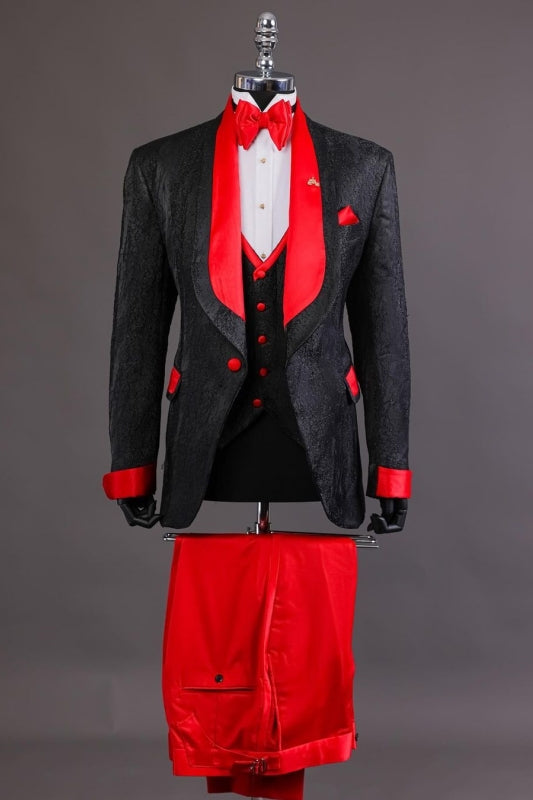 Bryant Stylish Black Jacquard Three-Piece Groom's Wedding Attire With Crimson Lapel