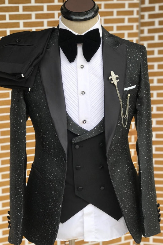 Buck Black Peaked Lapel Three-Piece Sequined Form-Fitting Prom Suit