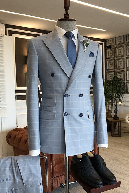 Buck Blue Bespoke Peaked Lapel Plaid Business Suit