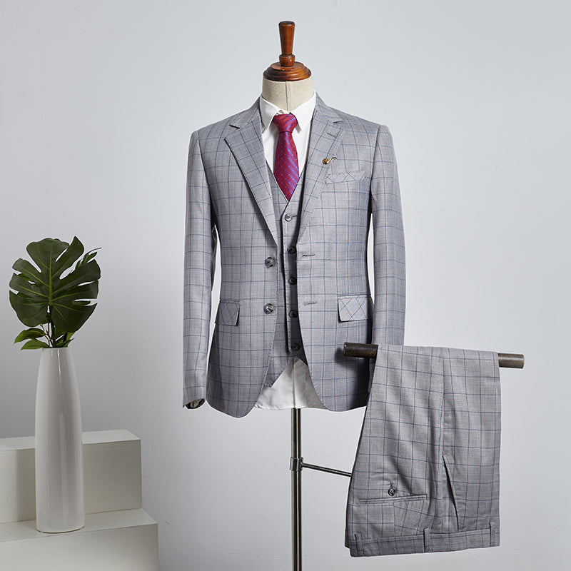 Buck Stylish Gray Plaid Three Pieces Slim Fit Tailored Business Suit