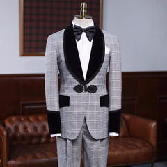 Burgess Latest Gray Plaid Shawl Collar Wedding Attire For Men