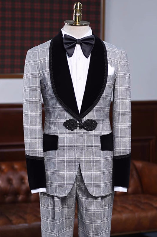 Burgess Latest Gray Plaid Shawl Collar Wedding Attire For Men