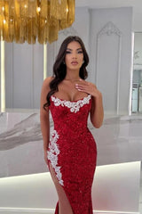 Burgundy Split Front Mermaid Floor-Length Prom Dress with Appliques