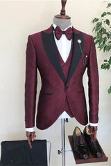 Burgundy Three-Piece Jacquard Peak Lapel Men’s Wedding Suits