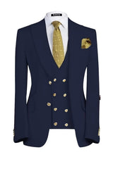 Burke Custom Navy Blue Three-Piece Peak Lapel Business Suit for Men