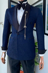 Burke Timeless Midnight Blue Shawl Collar Double Breasted Jacquard Groom's Suit