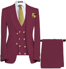 Byron Latest Deep Red Three-Piece Men's Peaked Lapel Suit For Prom