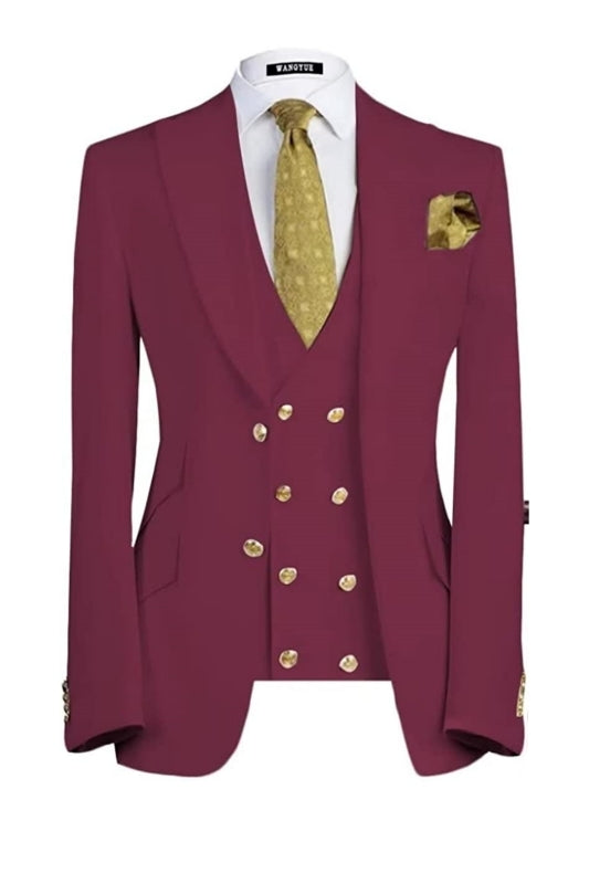 Byron Latest Deep Red Three-Piece Men's Peaked Lapel Suit For Prom