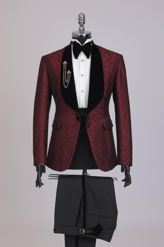 Byron Opulent Crimson Jacquard Wedding Attire With Black Shawl Collar