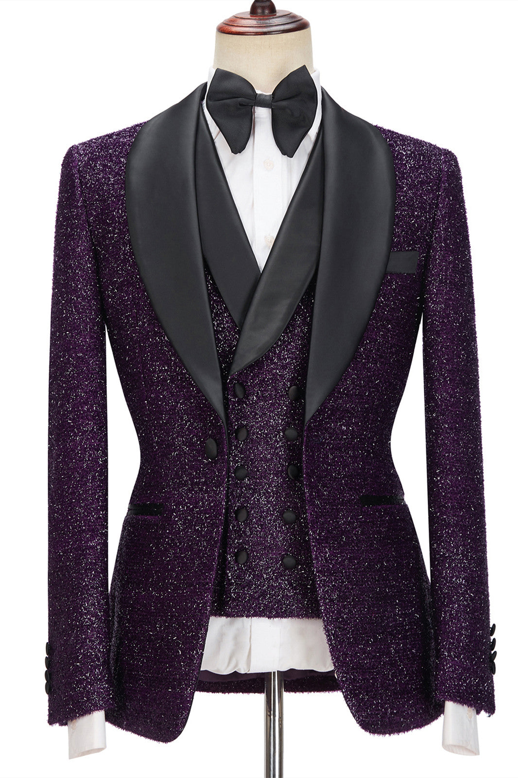 Caleb Bespoke Dark Purple Sparkling Shawl Lapel 3-Piece Men’s Suit