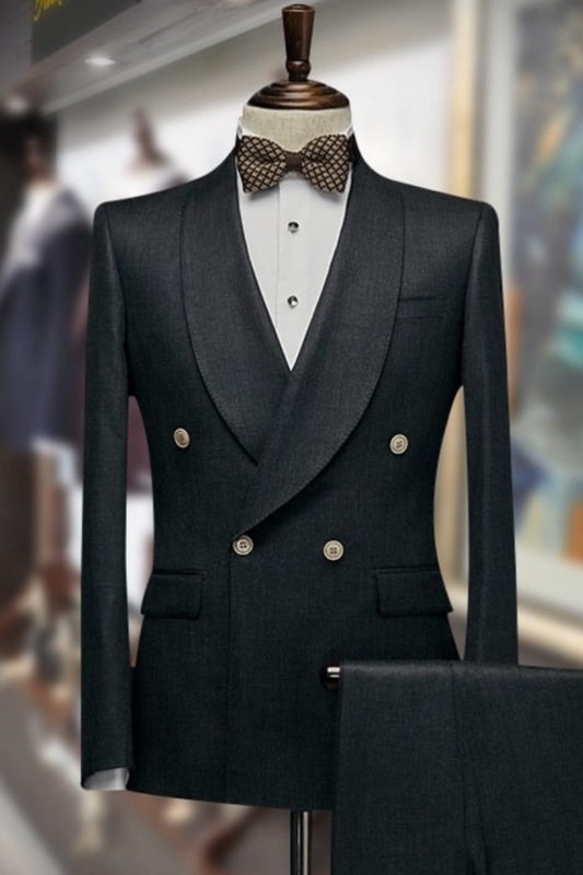 Calvin Contemporary Black Shawl Collar Double Breasted Groom's Wedding Suit