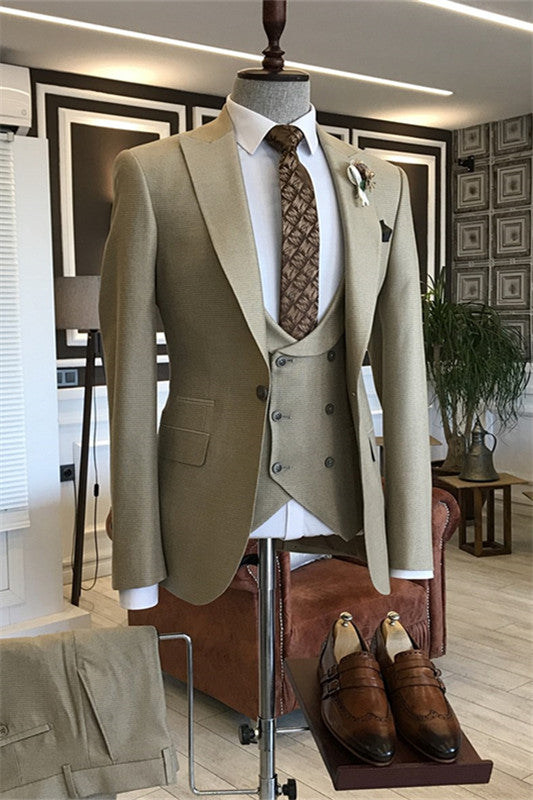 Cameron Bespoke Khaki Peaked Lapel Three-Piece Men's Prom Wear