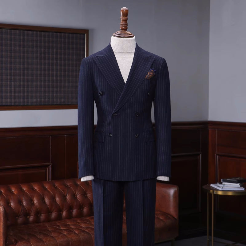 Cameron Handsome Navy Blue Striped Peak Lapel Double-Breasted Business Attire