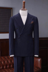 Cameron Handsome Navy Blue Striped Peak Lapel Double-Breasted Business Attire