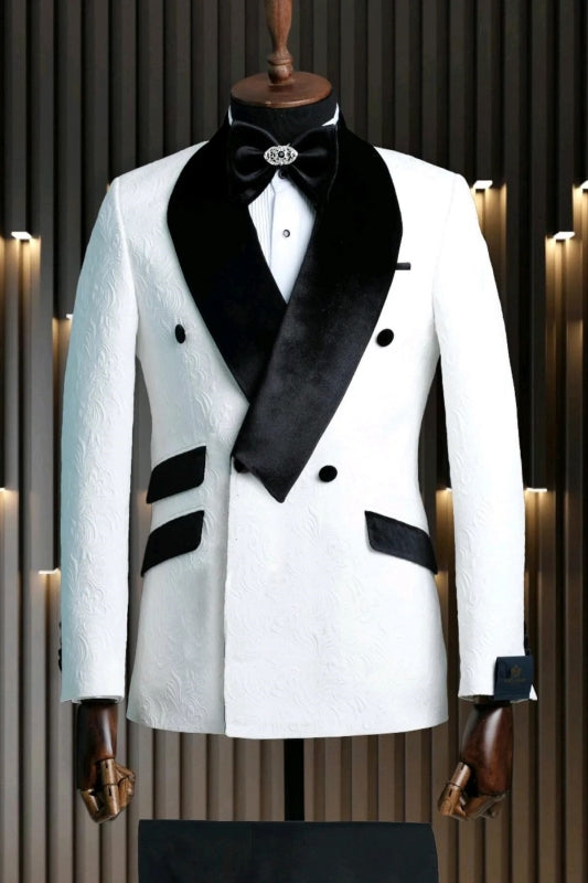 Campbell Bespoke White Jacquard Wedding Suit With Black Velvet Collar