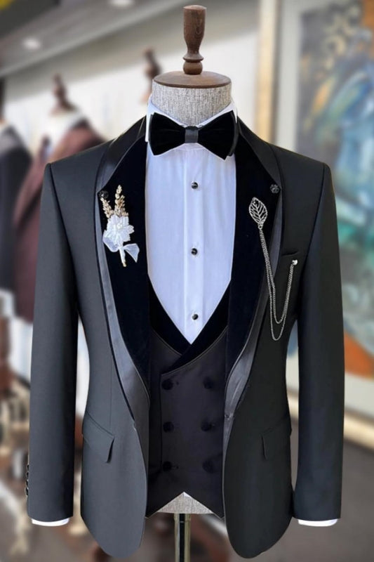 Carey Chic Charcoal Gray Shawl Collar Three-Piece Wedding Suit