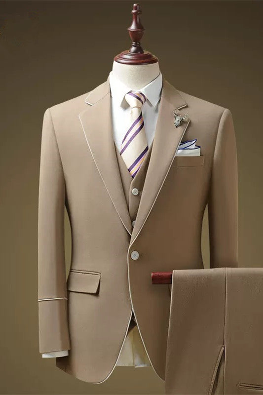 Carey Fancy Khaki Notched Lapel Three-Piece Prom Suit For Men