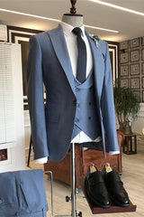 Carl Dusty Blue Bespoke Three-Piece Peaked Lapel Business Suit