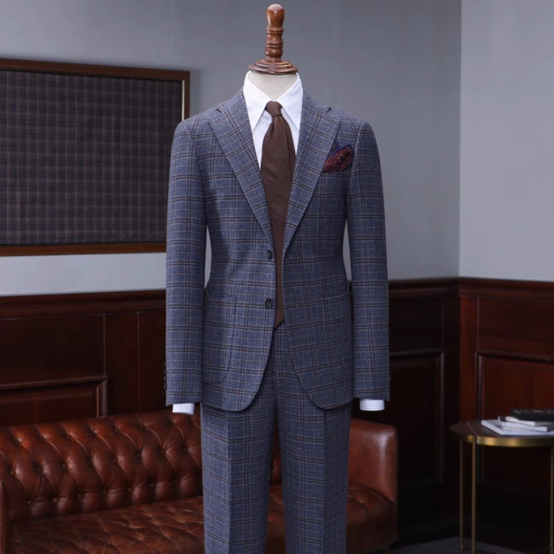 Carlos Bespoke Deep Blue Checkered Notch Lapel Business Suit