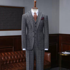 Carlson Dark Gray Fancy Plaid Notched Lapel Three-Piece Business Suit