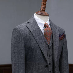 Carlson Dark Gray Fancy Plaid Notched Lapel Three-Piece Business Suit