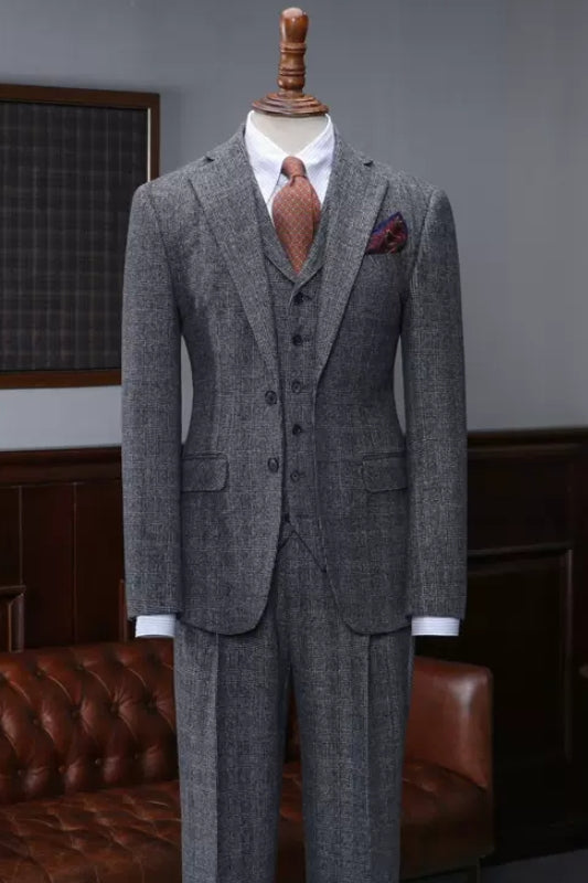 Carlson Dark Gray Fancy Plaid Notched Lapel Three-Piece Business Suit