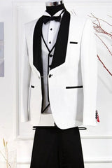 Carr Elegant White Shawl Collar Three-Piece Wedding Attire