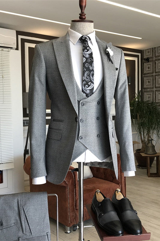 Carroll Fashion Gray Peaked Lapel Three-Piece Business Suit