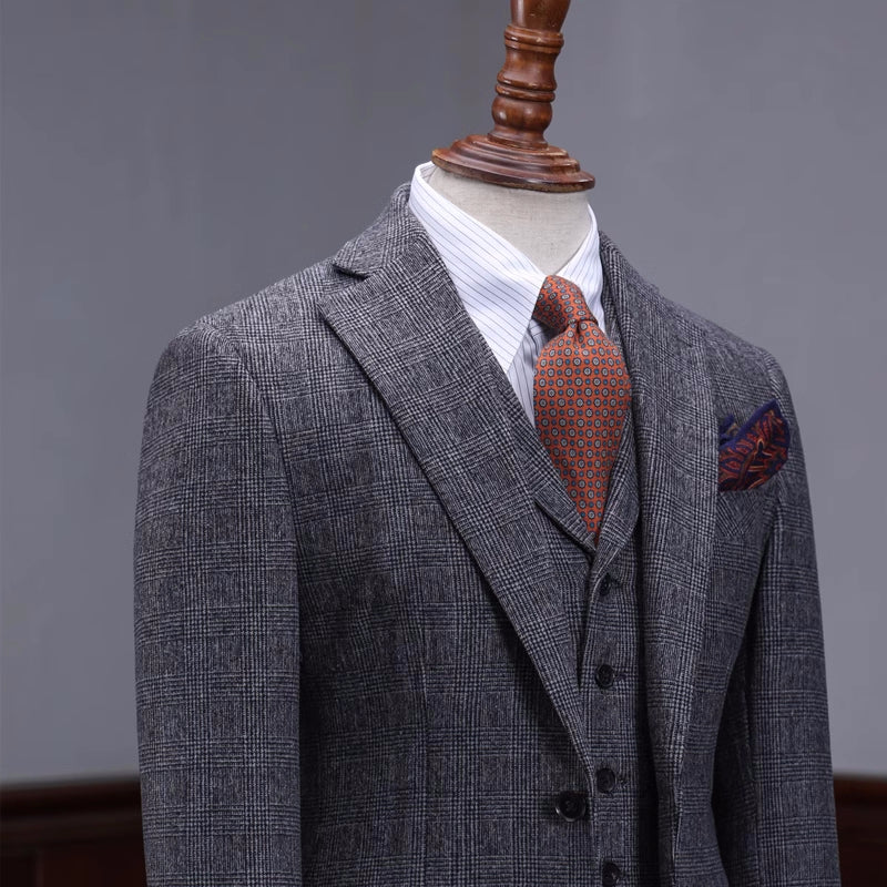 Carroll Generous Dark Gray Plaid Notched Lapel Business Suit