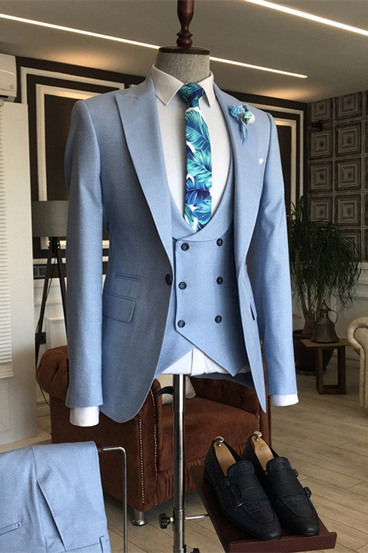 Cash Modern Sky Blue Peaked Lapel Three-Piece Prom Suit For Men