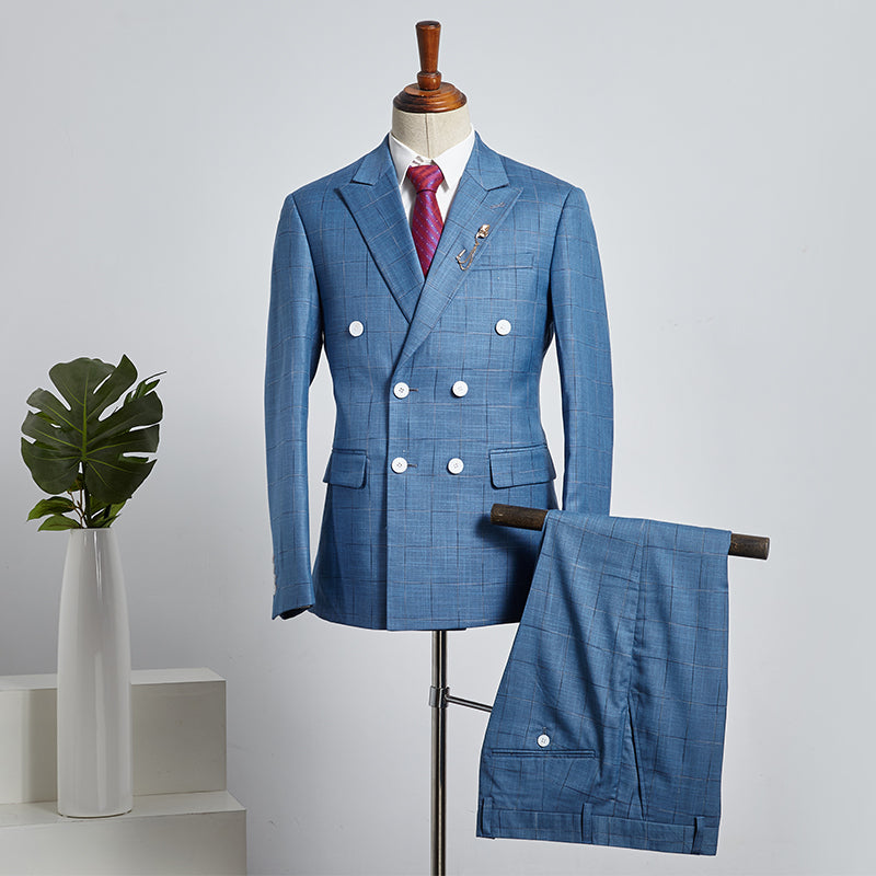 Cash Stylish Blue Plaid Peak Lapel Double Breasted Custom Business Suit