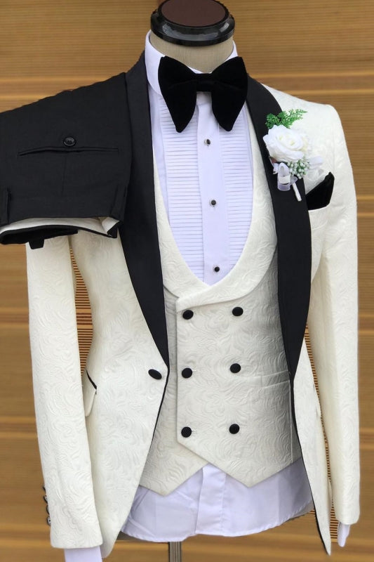 Cecil Most Recent White Jacquard Shawl Collar Three-Piece Wedding Suit