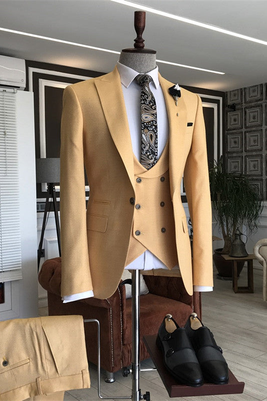 Cecil Stylish Mustard Peaked Lapel Three-Piece Prom Attire for Men