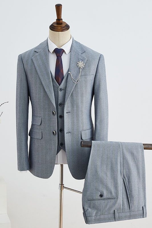 Cedric Formal Gray Striped Three Pieces Notched Lapel Slim Fit Custom Business Suit